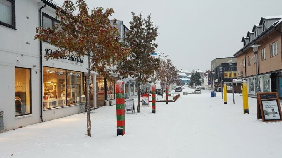 Russian and Norwegian border poles were put on display in the pedestrian street in Kirkenes last October as part of an art project. Photo: Thomas Nilsen
