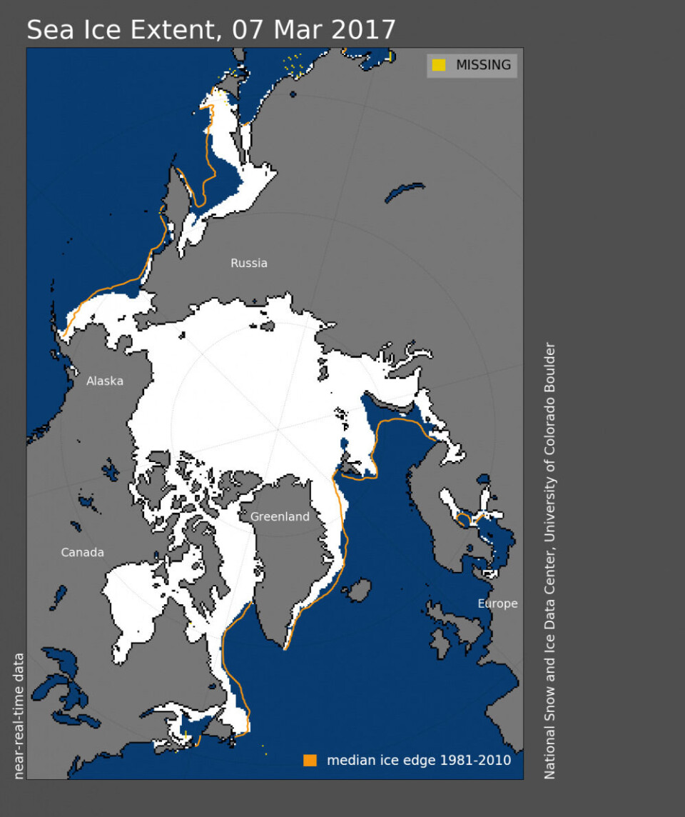 Arctic sea ice on March 7, 2017. Credit: National Snow and Ice Data Center