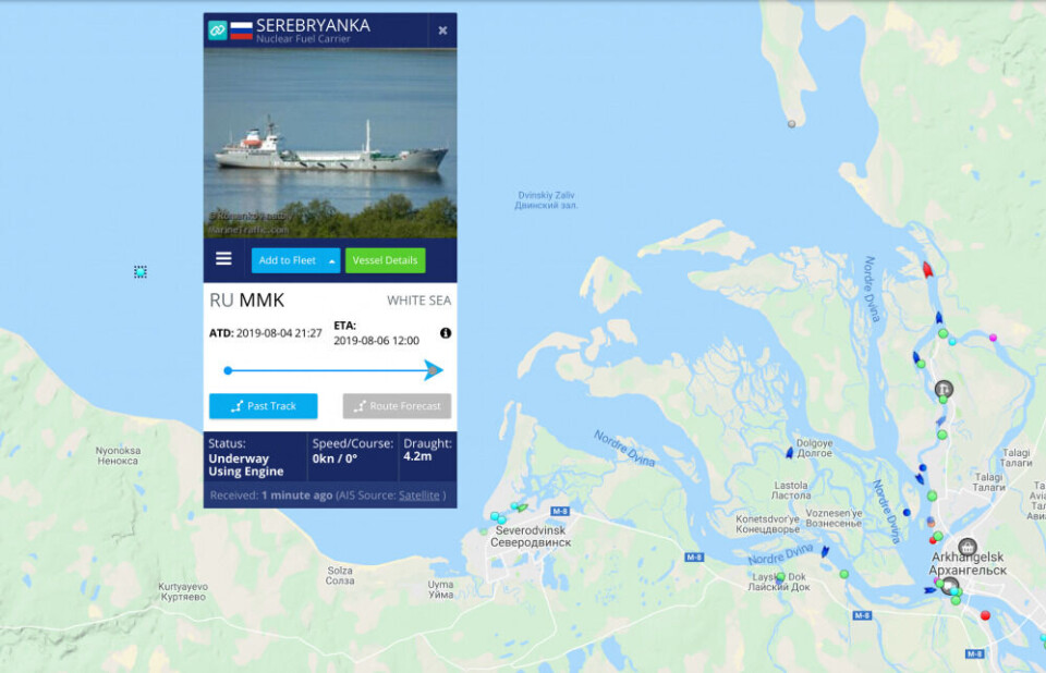 Rosatomflot’s radiological service ship “Serebryanka” stayed within the closed area north of Nenoksa after the explosion on Augst 8th. Screenshot from MarineTraffic.com
