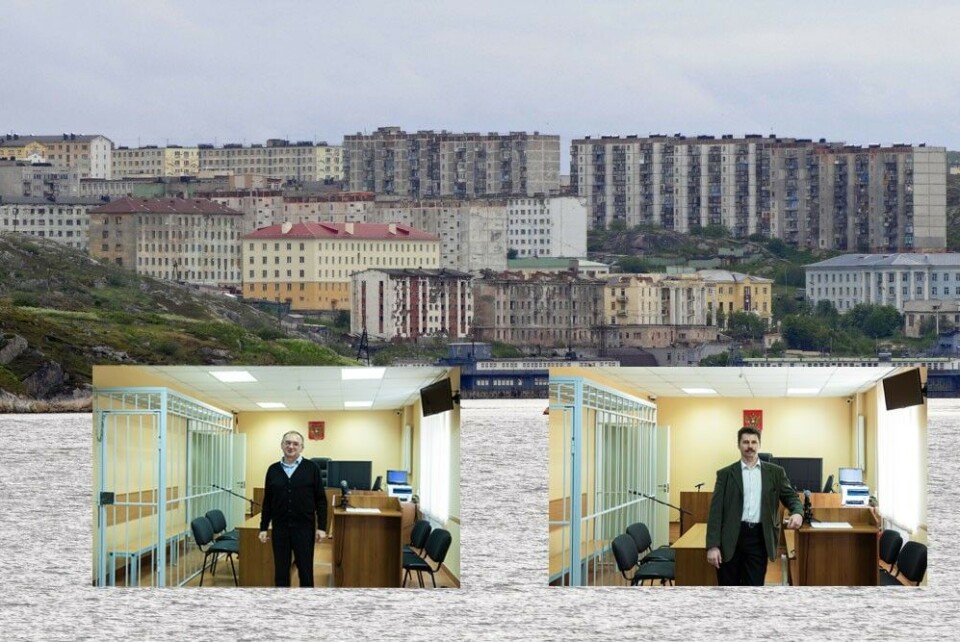 Роман Маркин и Виктор Трофимов в зале суда в Полярном. Фото из зала суда: Свидетели Иеговы. Фото города: Томас Нильсен