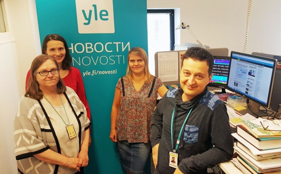 Yle Novosti reporters at the Russian-language newsdesk in Helsinki. From left: Heli Jormanainen, Lena Pushkarjova, Heidi Zidan and Levan Tvaltvadze. Photo: Thomas Nilsen