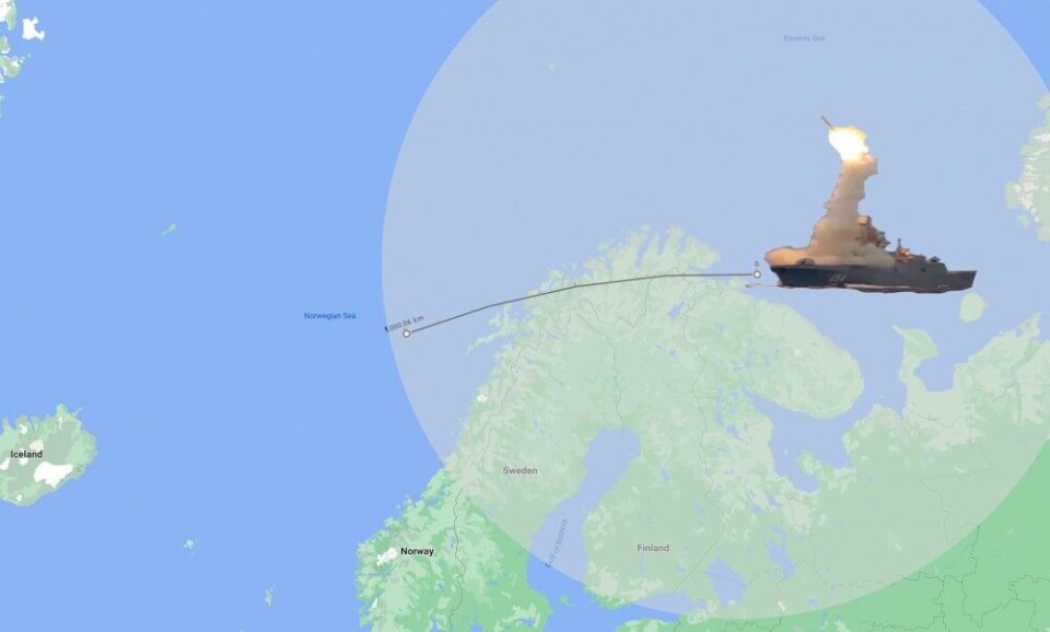 Launched from the Russian sector of the Barents Sea, the Zirkon missile can reach targets in the Norwegian Sea outside the coast of Nordland. Illustration: Barents Observer / Google map