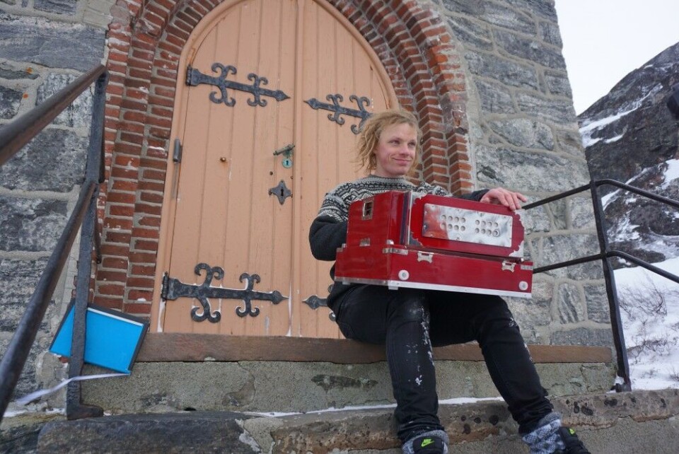 In March, Pål Moddi Knutsen performed Punk Prayer on the church steps of King Oscar II's Chapel in Grense Jakobselv, a few hundred metres from the border to Russia. Photo: Thomas Nilsen