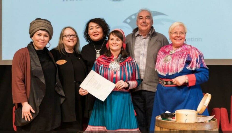 Signatories of the Arctic Indigenous Film Fund agreement pose for a picture at the Indigenous Film Conference at the Sami University of Applied Sciences in Kautokeino, Norway. March 8, 2018. Photo: Ulannaq Ingeman/ Arctic Indigenous Film Fund