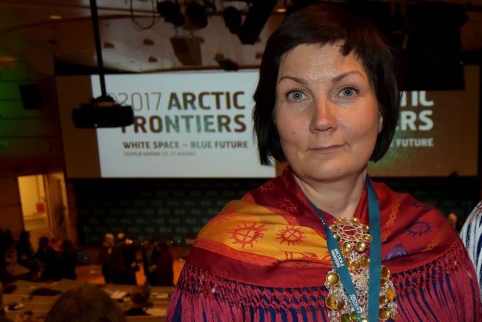 President of the Norwegian Sámi Parliament, Aili Keskitalo, at the Arctic Frontiers conference in 2017. Photo: Thomas Nilsen