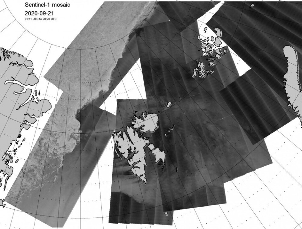 The edge of sea-ice is far north of Svalbard and Franz Josef Land according to this September 21st composition of satellite images by the Norwegian Meteorological Institute.