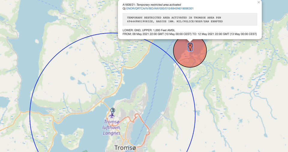 The temporary restricted area activated for the period May 10 to 12 in a one nautical mile radius around the port of Tønsnes just north Tromsø. Screenshot from notaminfo.com