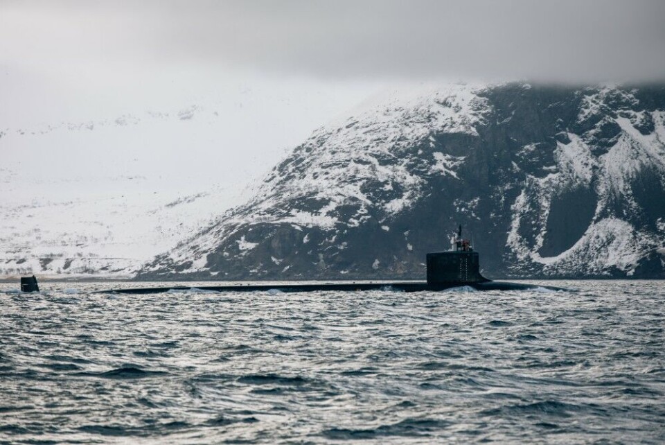 USS New Mexico surfaced early Monday morning outside Troms, northern Norway. Here sailing Lenangen en route to Tromsø. Photo: Helene Sofie Thorkildsen/Forsvaret