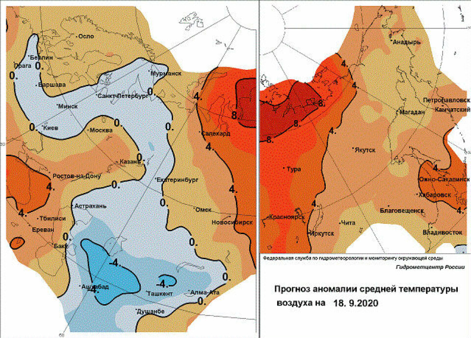 Arctic parts of Urals and Siberia has this summer been unprecedently warm. Map by Roshydromet
