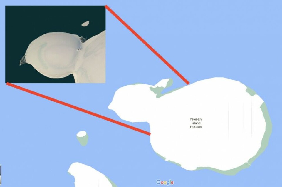 The Eva-Liv island where geographers now should redraw the map. Photo courtesy of national park Russian Arctic and map by Google.