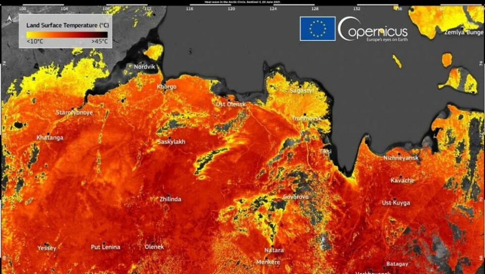 In Saskylah, a small community in the Arctic Circle, the air temperature reached 31.9 C on Sunday, the highest record since 1936. Image: European Union, Copernicus Sentinel-3