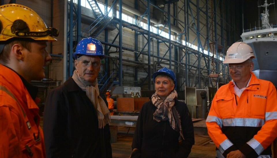 Greger Mannsverk (right) is Director of ship repair company Kimek. Here together with Prime Minister Jonas Gahr Støre and town Mayor Lena Bergeng. Photo: Atle Staalesen