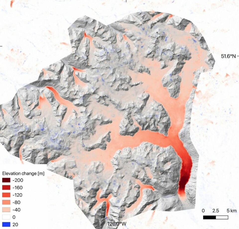 Elevation change over the Ha-Iltzuk Icefield for the period 2000-2019. (Courtesy University of Northern British Columbia)
