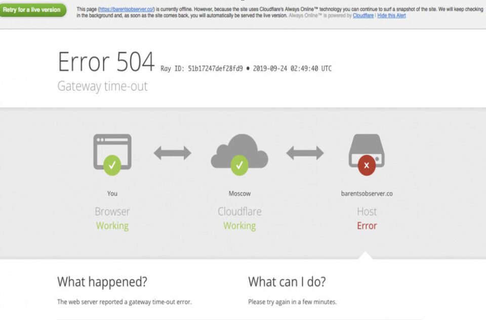 Screenshot of Barents Observer as it looks in Russia when not using VPN.