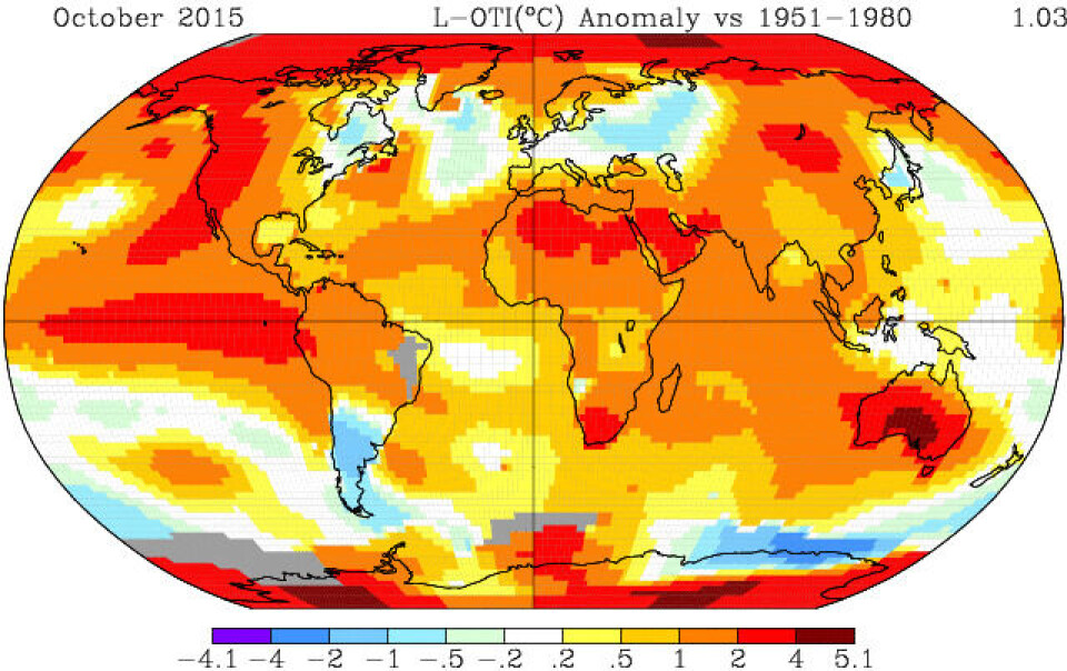 October 2015 temperatures were higher most places on the globe than average for the same month in the period 1951 to 1980. Datamap by NASA.