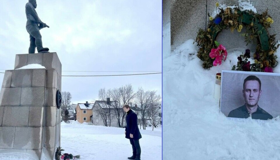 Consul General Nikolai Konygin laid flowers with a ribbon of the Russian tricolor at the war monument, but before photos were taken, the diplomats removed a portrait of killed Putin critic Aleksei Navalny. Photo: Russian Consulate General via Telegram (left) and Barents Observer (right).