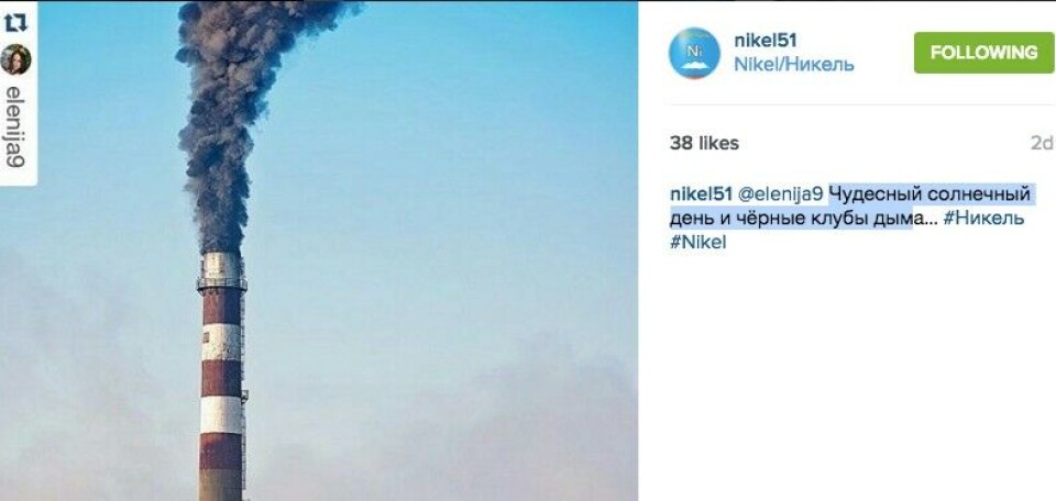 'A lovely sunny day and black smoke,' reads the text attached to this Instagram photo of the central heating plant in Nikel. (Screenshot from elenija9 via Nikel51/Instagram.)