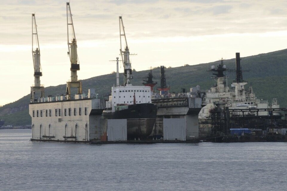Nuclear waste vessel 'Lepse' in floating dock at Atomflot in 2012. Photo: Thomas Nilsen