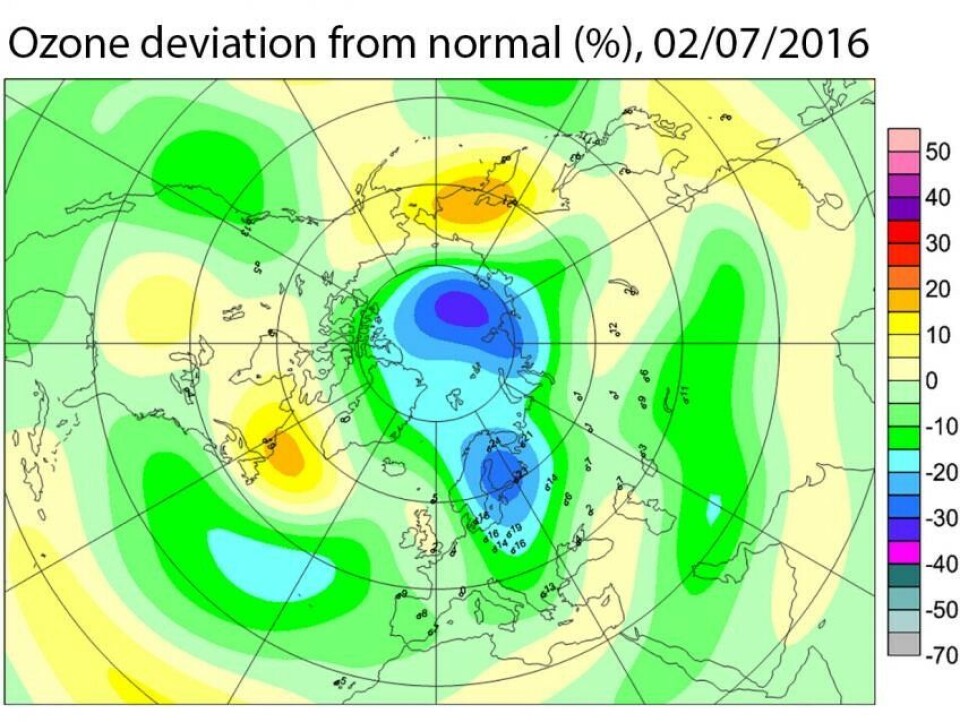 A hole in the ozone layer is opening up in the Arctic. Map: Environment Canada