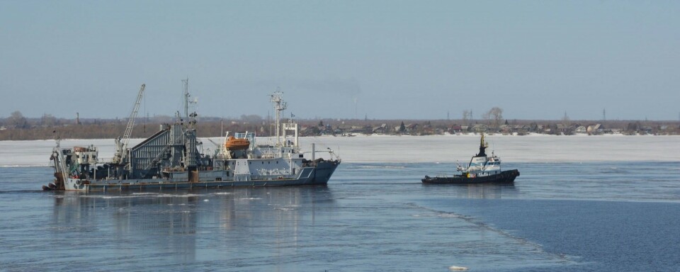 Dredger is towed on river Northern Dvina. Photo: Atle Staalesen
