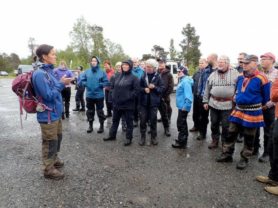 Sigrid Dahl Grønnevet, Director in the Norwegian Ministry of Trade, Industry and Fisheries, explaining the delegation that the primary purpose of the hike on Násafjäll was to learn how the rights holders use the area. Photo: Marianne Hoffman