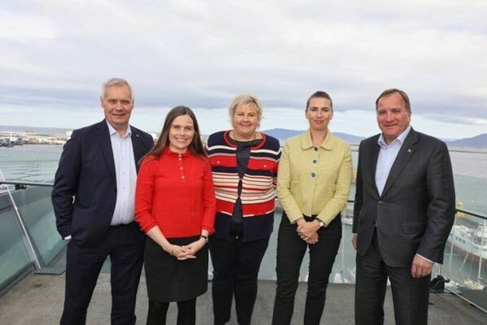 Nordic Prime Ministers: From left Antti Rinne (Finland), Katrín Jakobsdóttir (Iceland), Erne Solberg (Norway), Mette Frederiksen (Denmark) and Stefan Löfven (Sweden). Photo: Sigurjón Ragnar