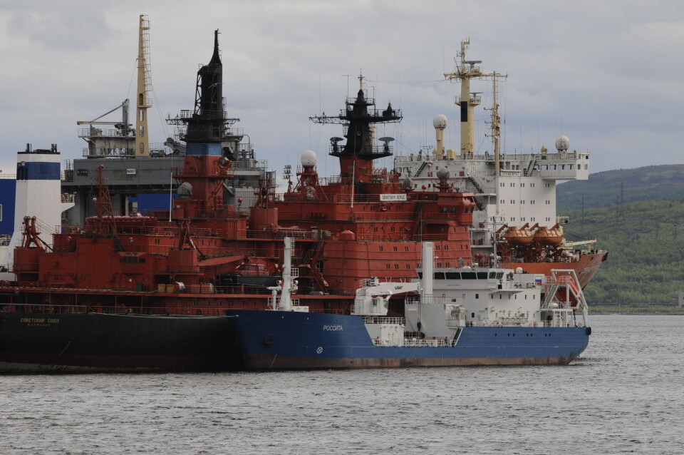The Blue, white “Rossita” nuclear waste cargo ship brings the spent nuclear fuel from Andreeva Bay to Atomflot in Murmansk. Photo: Thomas Nilsen