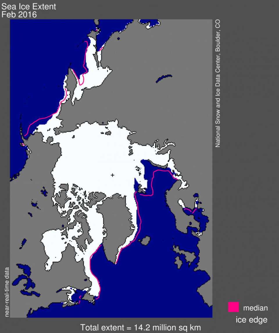 Arctic sea ice extent map for February. The magenta line shows the 1981 to 2010 median extent for that month. Map by National Snow & Ice Data Centre