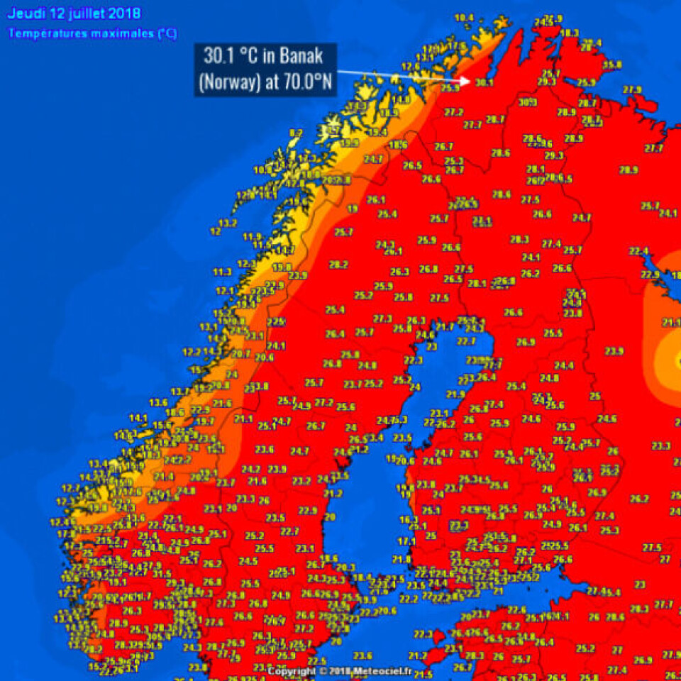 Red, hot, Arctic Europe. Temperatures on July 12th. Map: meteociel.fr