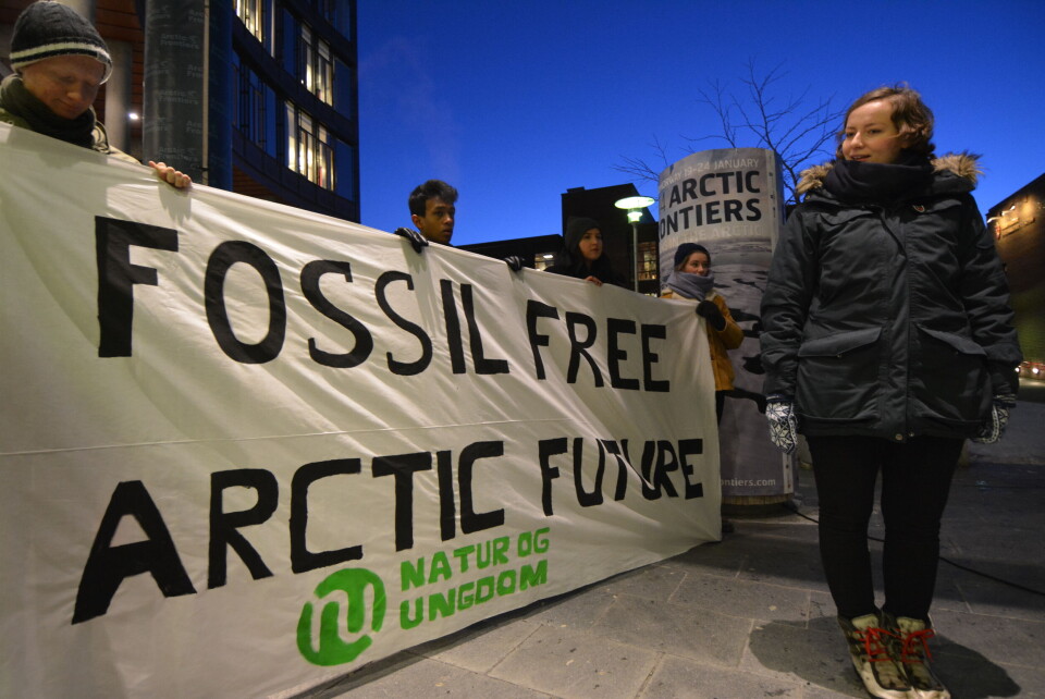 Three year’s ago, Nature and Youth demonstrated against Arctic oil drilling outside the Arctic Fronteries venue in Tromsø. Ingrid Skjoldvær in front. Photo: Thomas Nilsen