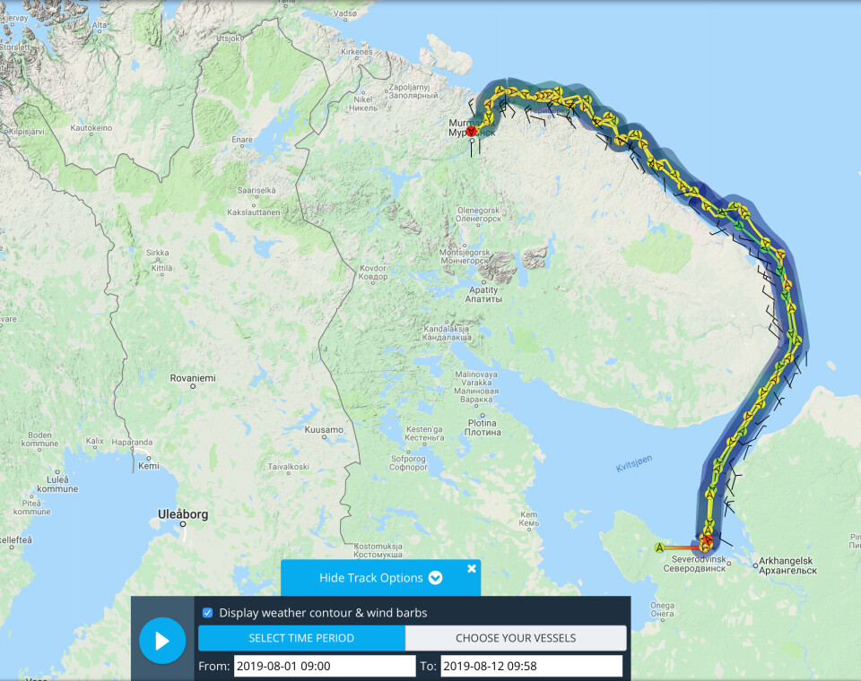 This map shows the route of “Serebryanka” sailing from Atomflot in Murmansk to the White Sea where she stayed in the waters outside Nenoksa and then returned the same route to Murmansk. Screenshot from MarineTraffic.com