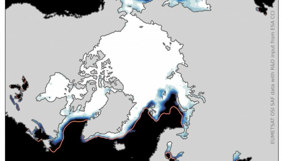 Sea-ice concentration in the Barents Sea in February 2024. Map by osisaf-hl.met.no
