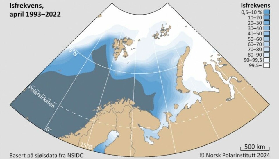 Sea-ice frequency in the Barents Sea in April in the period 1993-2024. Map by the Norwegian Polar Institute