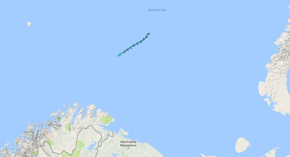 «Arctic Sunrise» on tow towards Tromsø by the Norwegian Coast Guard vessel «KV Nordkapp» in the Barents Sea. This screenshot from MarineTraffic.com is from 6 am Friday morning (Norwegian time).