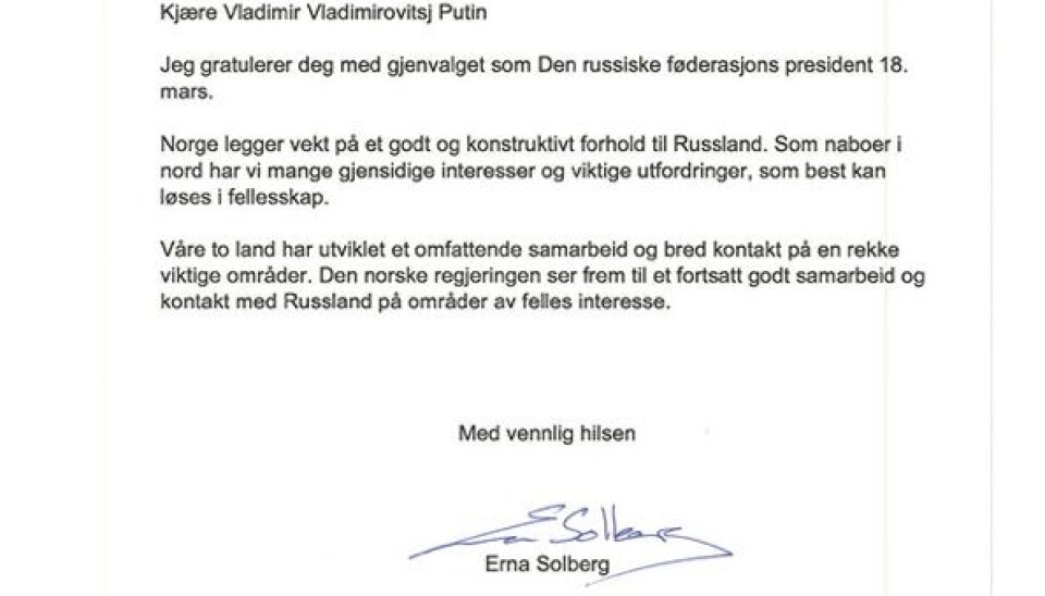 Former PM Erna Solberg congratulates Vladimir Putin in 2018