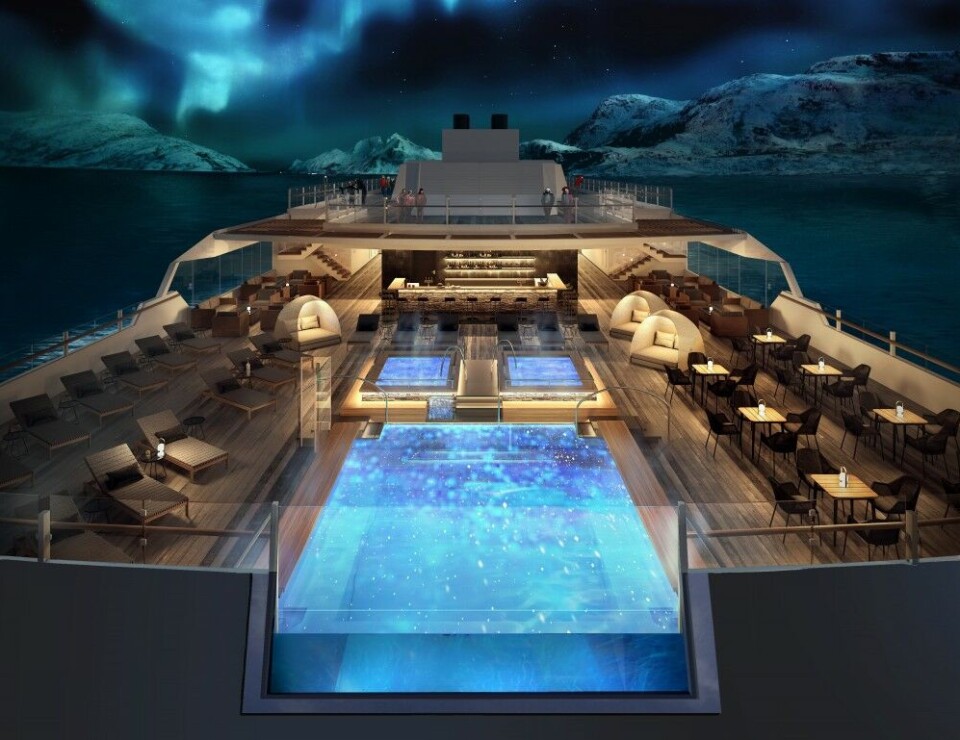 The open deck with pool of “Roald Amundsen” - Hurtigruten’s new expedition cruise vessel to sail Arctic waters under the Northern Lights from 2019. Illustration: Hurtigruten