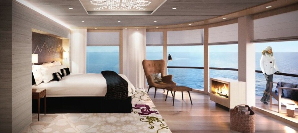 A cabin with view! This is how the corner suite onboard the new vessels will look. Illustration: Hurtigruten