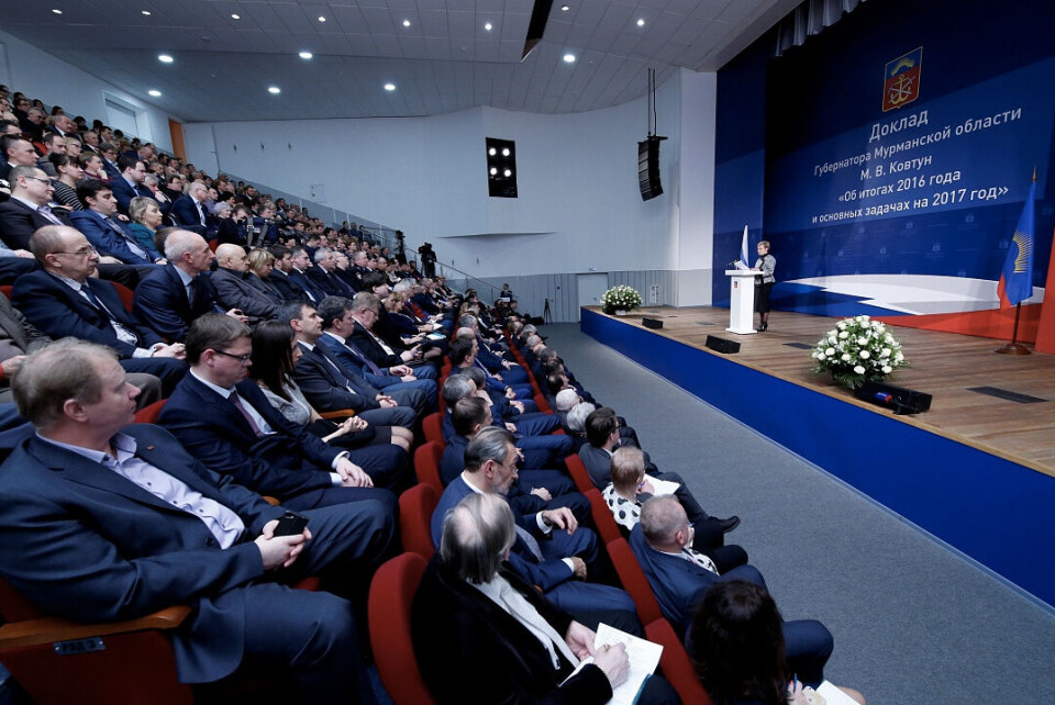 Governor Marina Kovtun delivers her speech on the state of affairs in Murmansk. Photo: gov-murman.ru