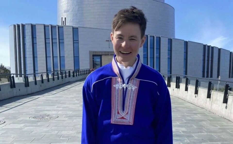 Anne Risten Sara from Kautokeino, Norway, did not feel comfortable in a woman’s Sámi clothing. After finding a tunic-like version of a man’s attire, Sara can finally wear the Sámi dress with joy and pride. Photograph: Renate Mikkelsen