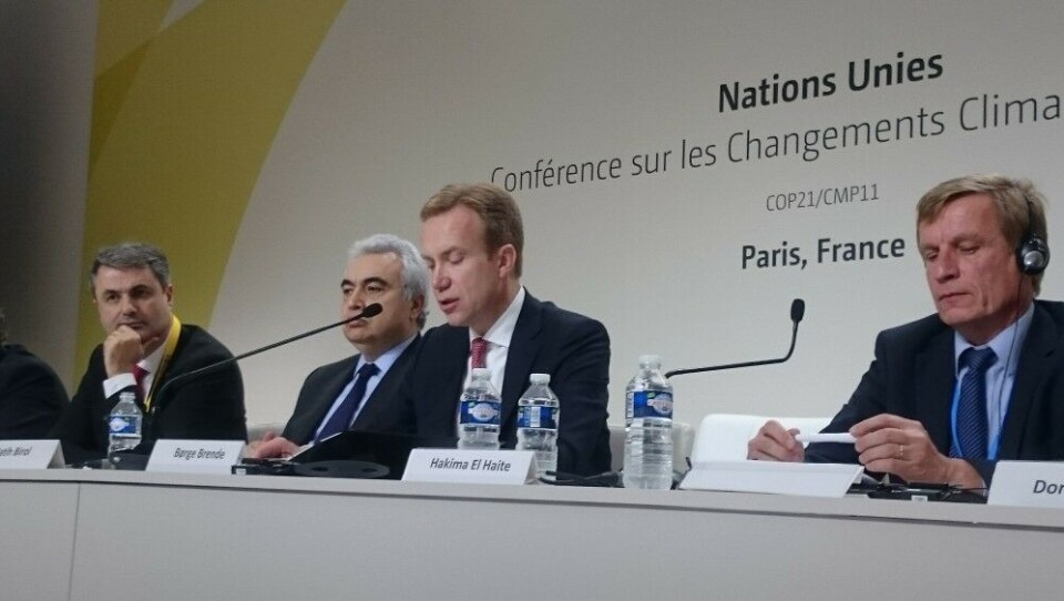 Norwegian Foreign Minister Børge Brende speaking at a side event part of the Paris climate summit COP21. Photo: Rebecka Snefuglli Sondell