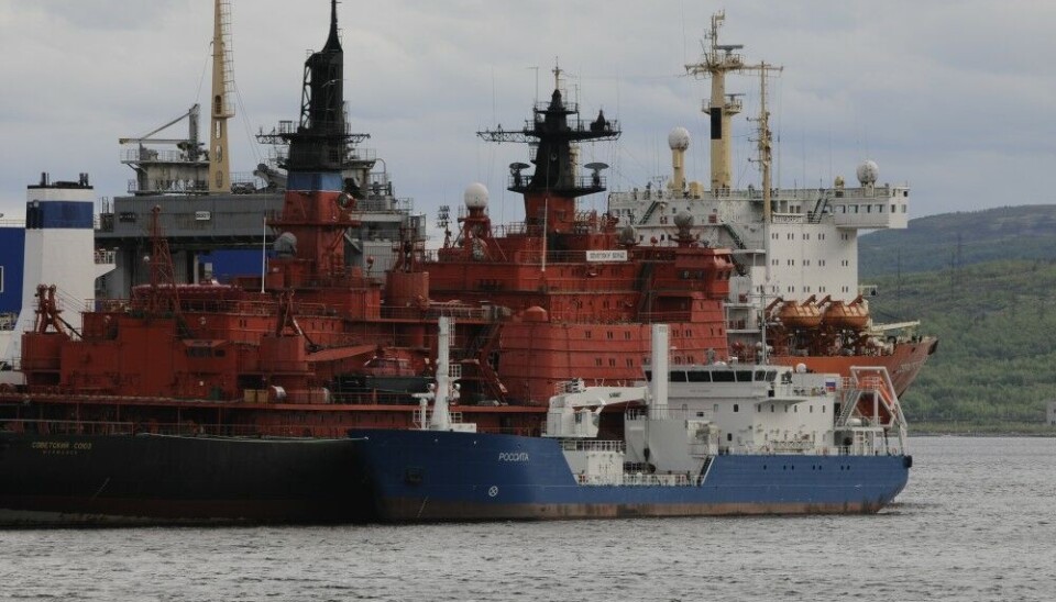The Italian built transport ship Rossita docked next to a nuclear-powered icebreaker in Murmansk.