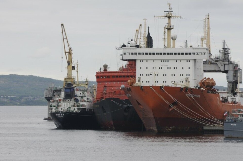 The nuclear-powered container vessel “Sevmorput” (right) is the largest vessel at Atomflot’s quay. Photo: Thomas Nilsen