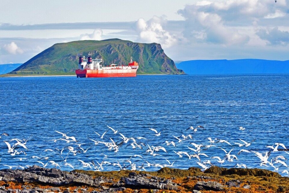 The oil-tanker 'Matilda Knutson' in Sarnesfjorden near Honningsvåg. This tanker transports crude oil from the Goliat platform in the Barents Sea. Photo: Thomas Nilsen