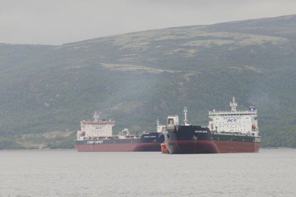 Two of Sovcomflot’s oil tankers in the Kola Bay. Photo: Thomas Nilsen