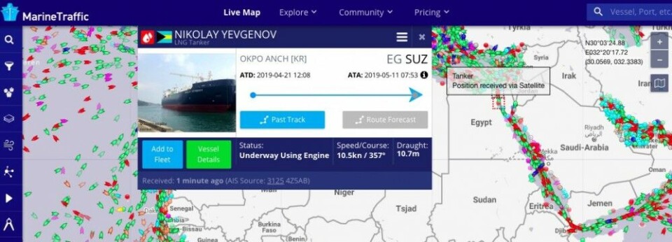 Tanker «Nikolay Yevgenov» exiting Suez Canal. Map by Marine Traffic