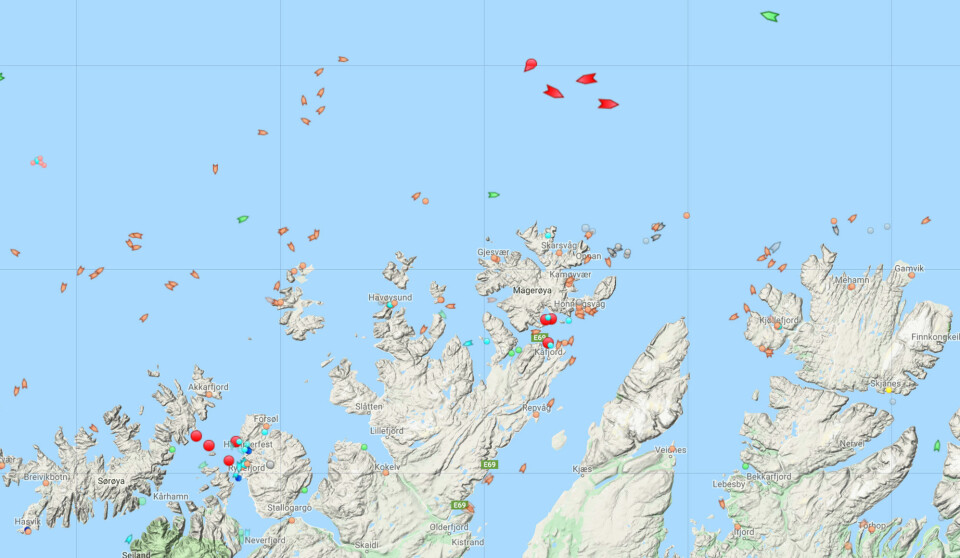 Ship traffic outside Troms and Finnmark, northern Norway, 16th January 2019. Map by MarineTraffic