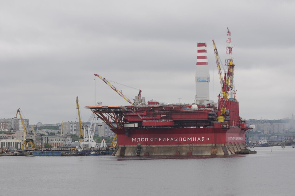 Gazprom Neft’s platform for the Prirazlomnoye field at port in Murmansk.Photo: Thomas Nilsen