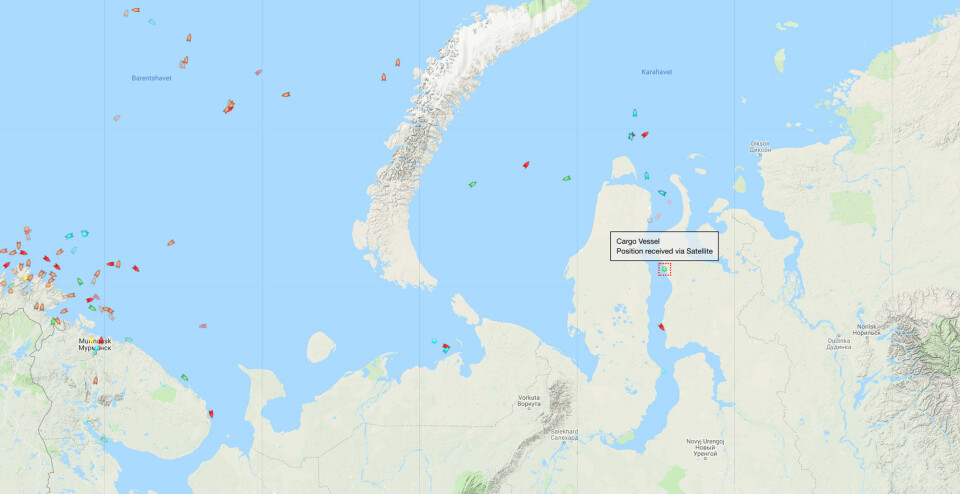 The “Sevmorput” on the shore of the Gydan Peninsula. Map by MarineTraffic