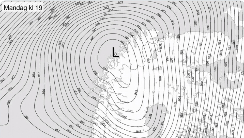 Air pressure over northern Norway on Monday 10th February 2020. Illustration by met.no
