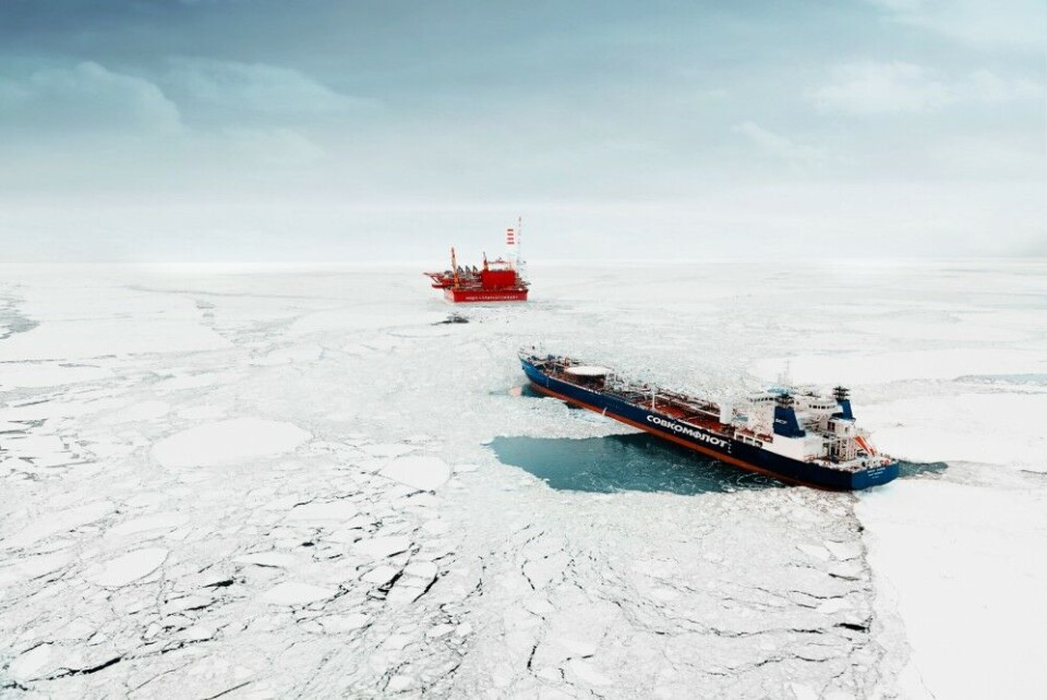 The Prirazlomnaya platform and one of two shuttle tankers delivering oil to Murmansk. Photo: Gazprom Neft